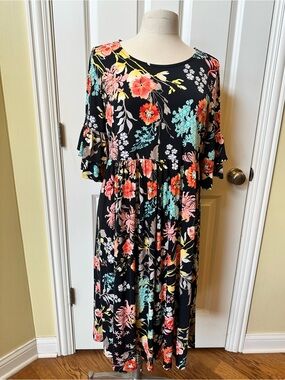 MOA Collection Black Maxi Dress with Coral and Teal Floral Pattern
